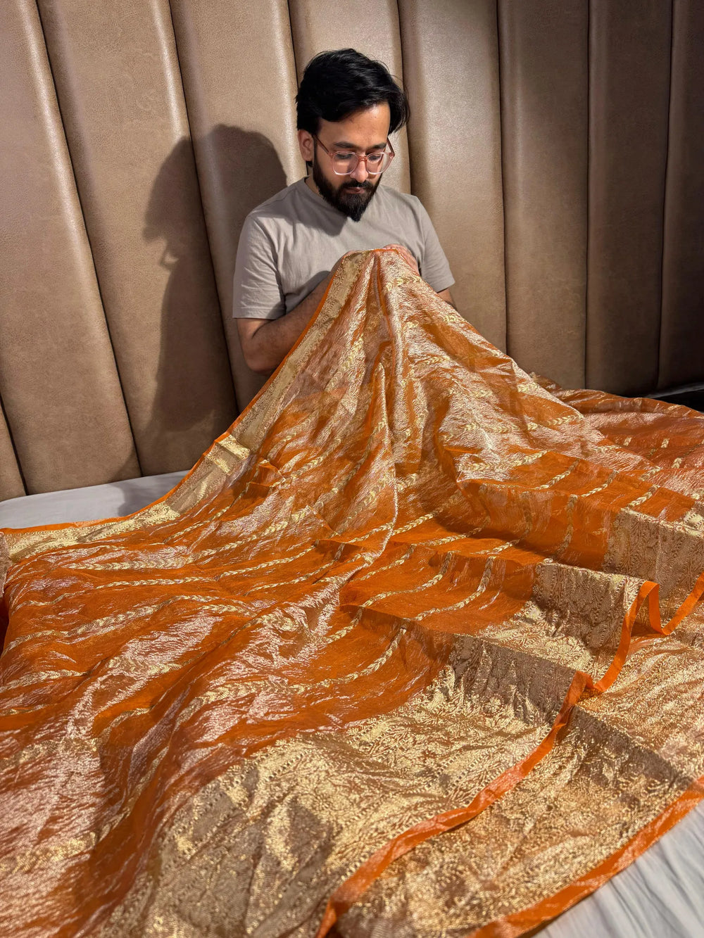 Fanta Orange Banarasi crush tissue silk saree with rich pallu and blouse