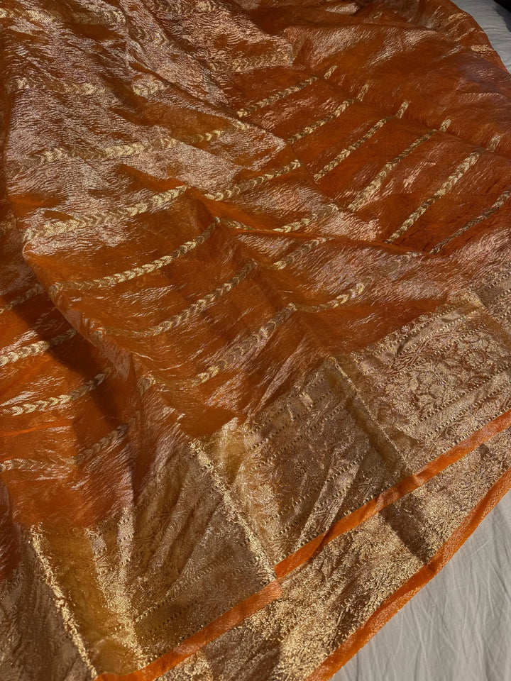 Fanta Orange Banarasi crush tissue silk saree with rich pallu and blouse