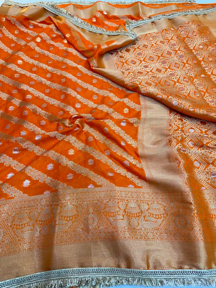 Fanta Orange Chiniya Silk Jacquard Lace Attached Banarasi Saree