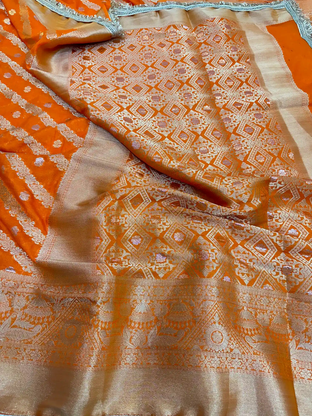 Fanta Orange Chiniya Silk Jacquard Lace Attached Banarasi Saree