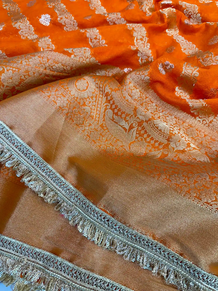 Fanta Orange Chiniya Silk Jacquard Lace Attached Banarasi Saree