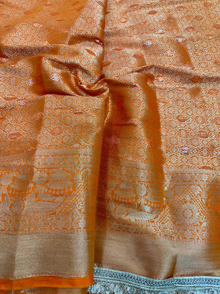 Fanta Orange Chiniya Silk Jacquard Lace Attached Banarasi Saree