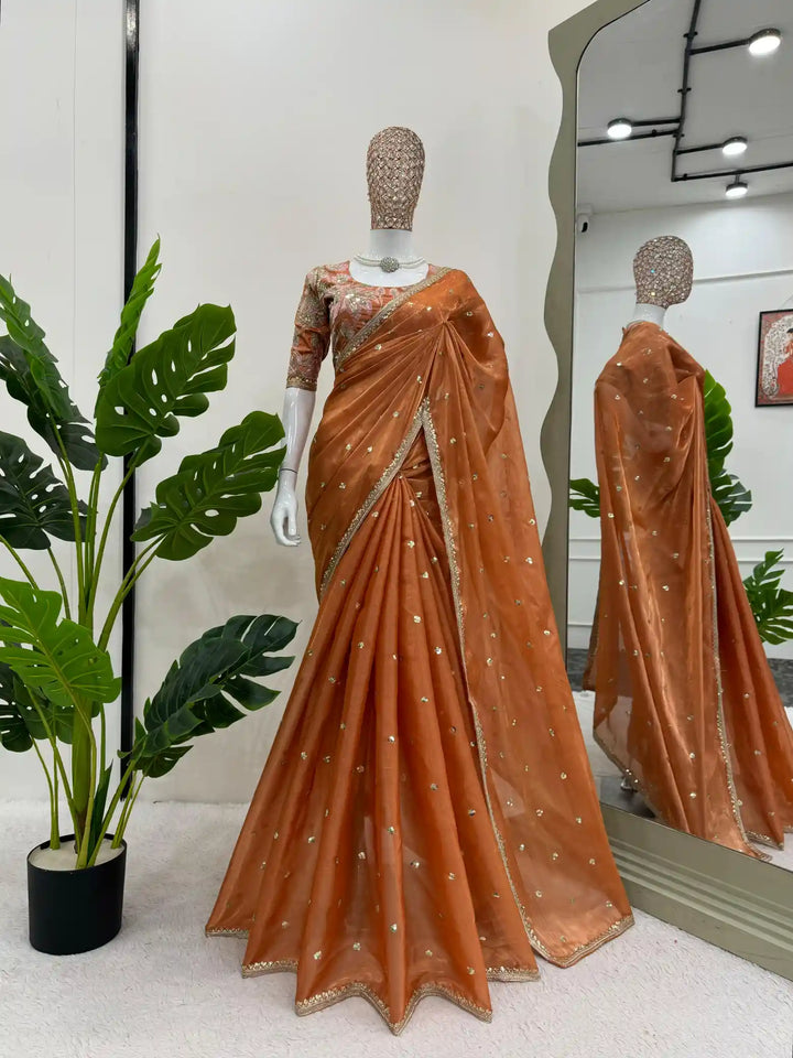 Fanta Orange Shimmery Organza Designer Saree