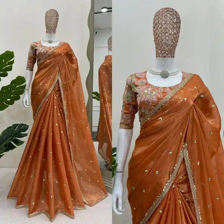 Fanta Orange Shimmery Organza Designer Saree