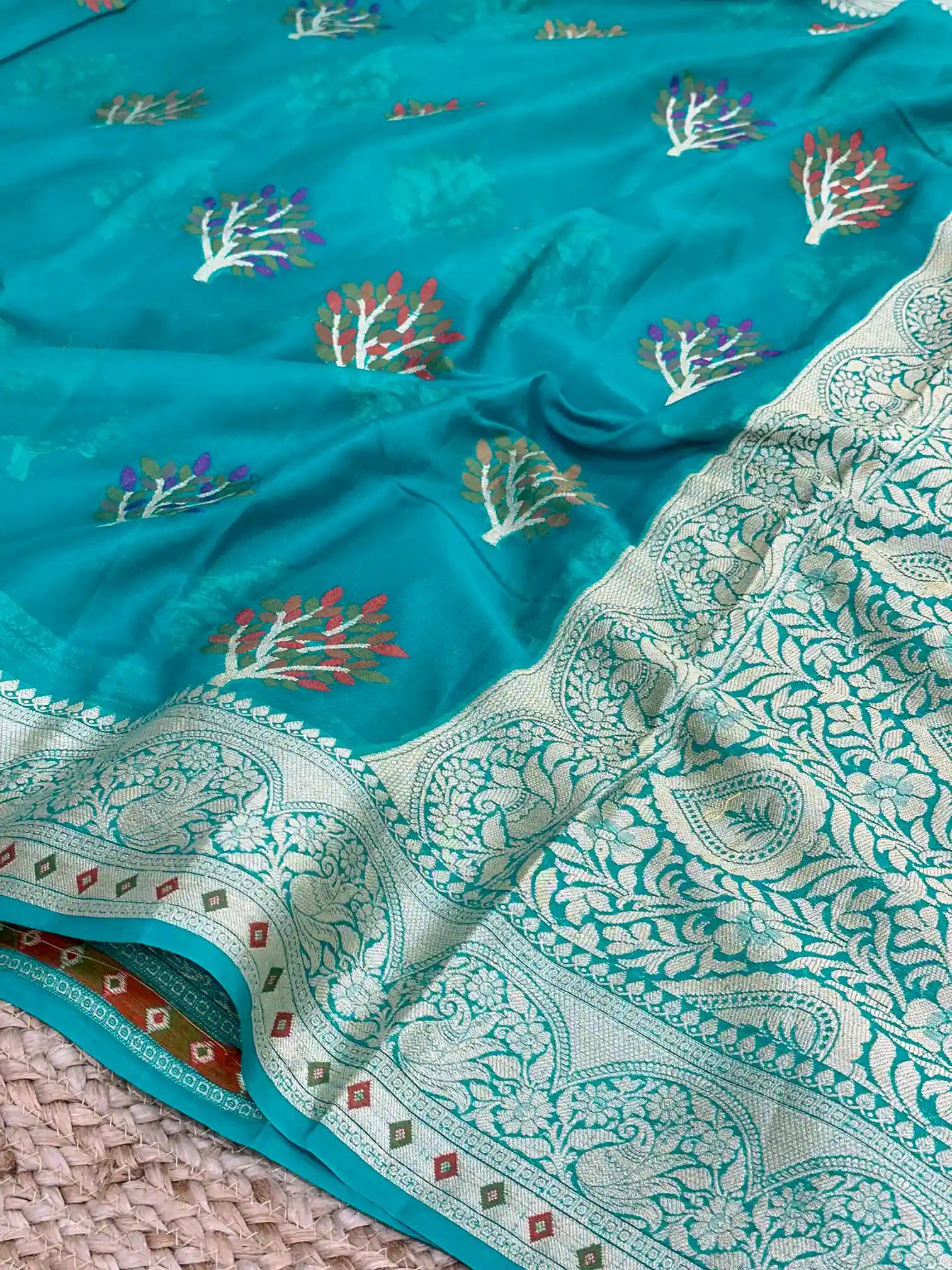 Firozi Blue Chiffon Khaddi Buta Banarasi Saree