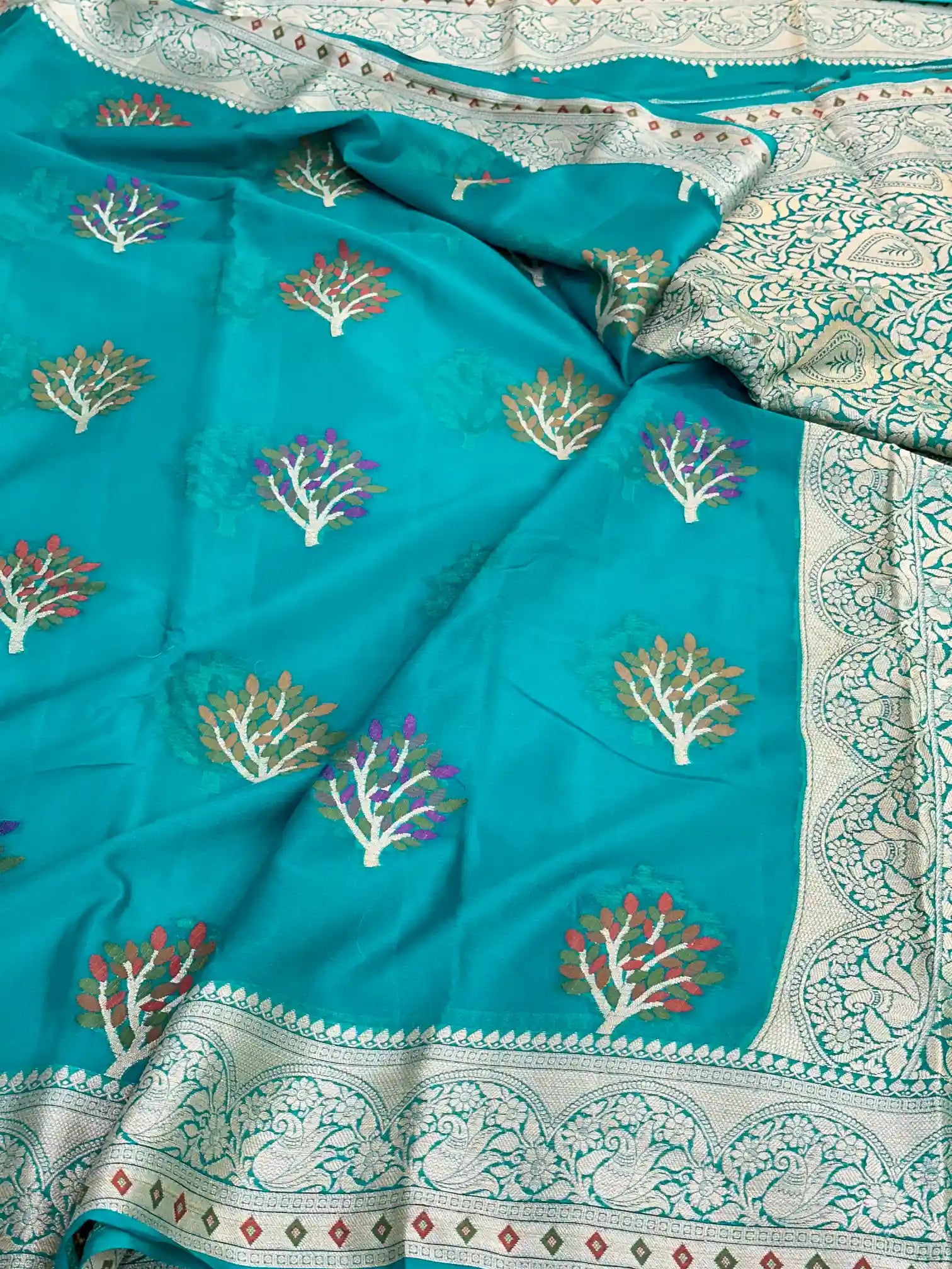 Firozi Blue Chiffon Khaddi Buta Banarasi Saree