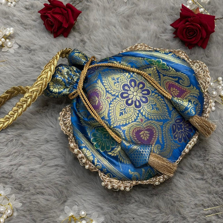 Firozi Blue Eccentric Lace Work Banarasi Potli Bags