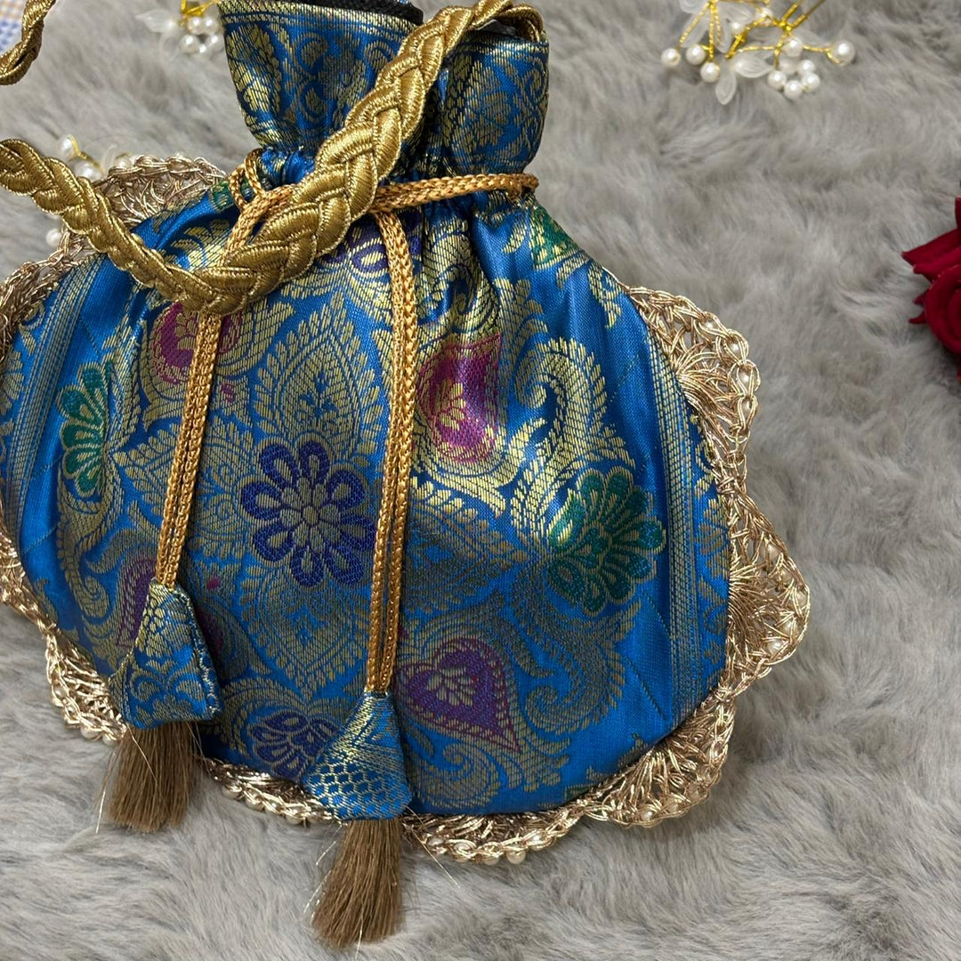 Firozi Blue Eccentric Lace Work Banarasi Potli Bags