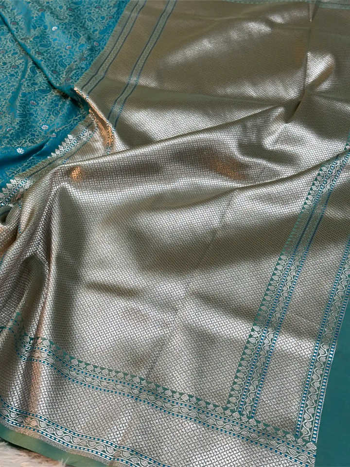 Firozi Blue Intricate Mashru Katan Silk Tanchoi Banarasi Saree