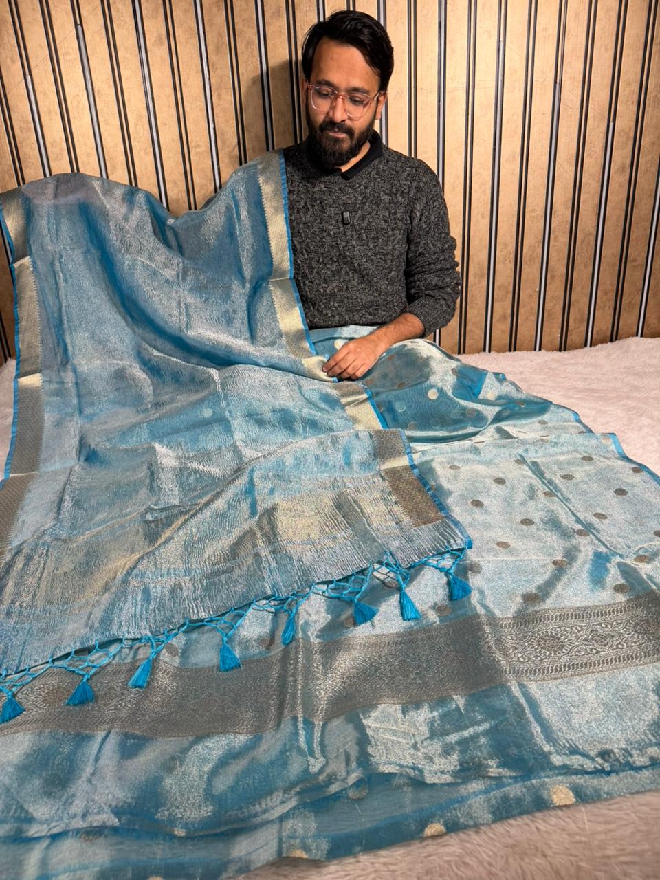 Firozi Blue Kora Tissue Silk Banarasi Suit