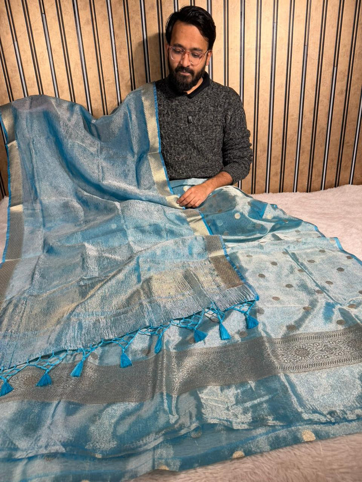 Firozi Blue Kora Tissue Silk Banarasi Suit