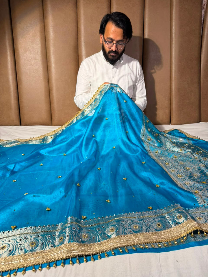 Firozi Blue Kora Tissue Viral Ghungroo Saree