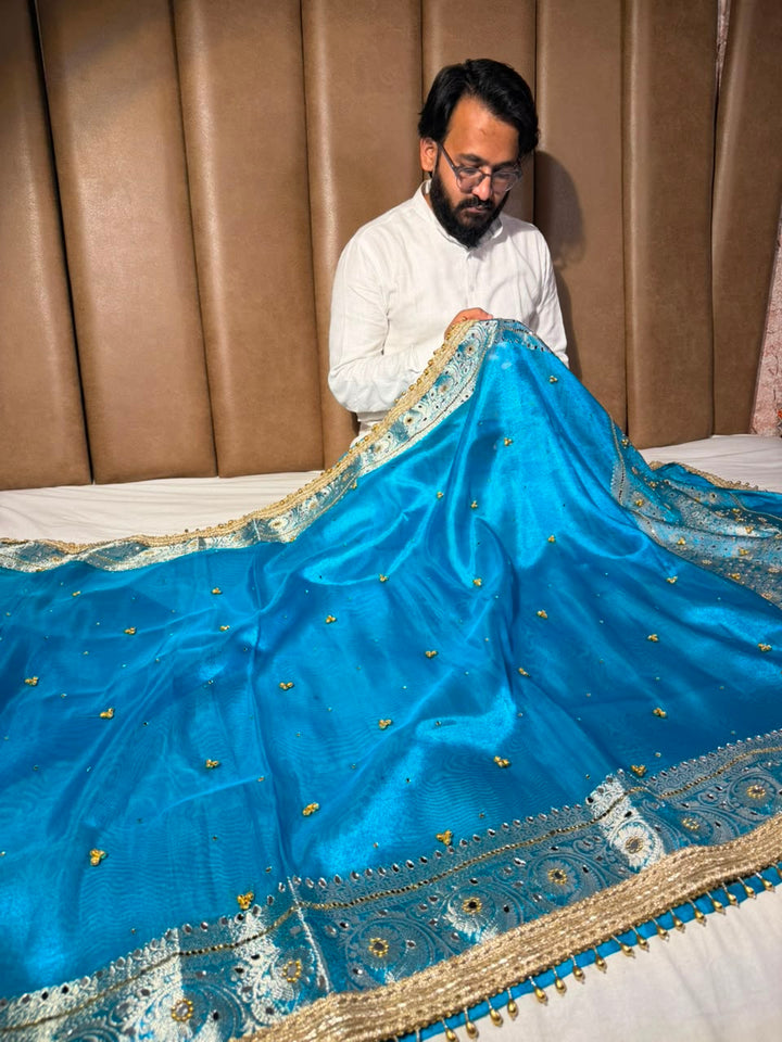 Firozi Blue Kora Tissue Viral Ghungroo Saree