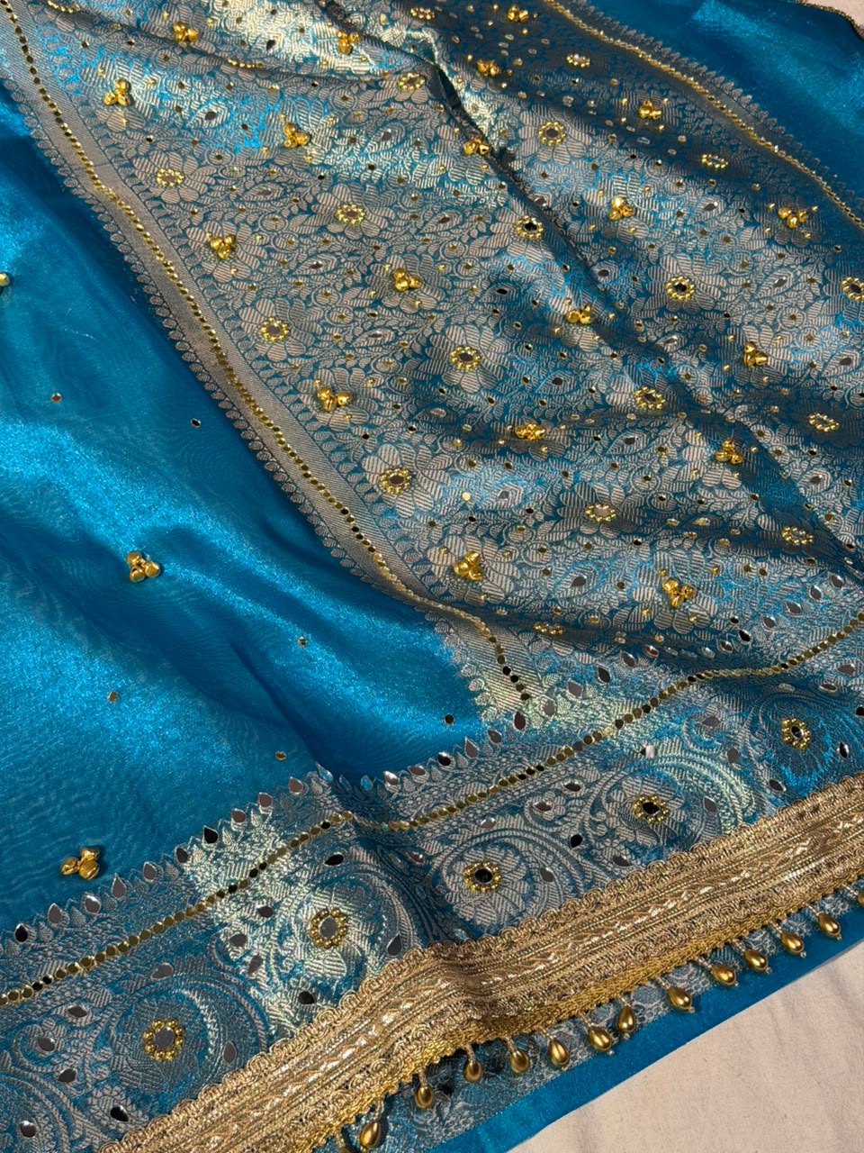 Firozi Blue Kora Tissue Viral Ghungroo Saree
