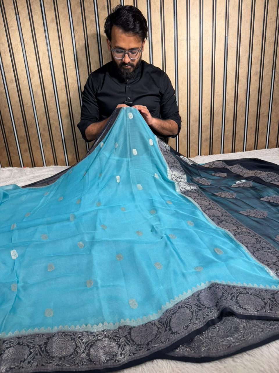 Firozi Blue Pure Khaddi Chiffon Silk Handwoven Banarasi Saree