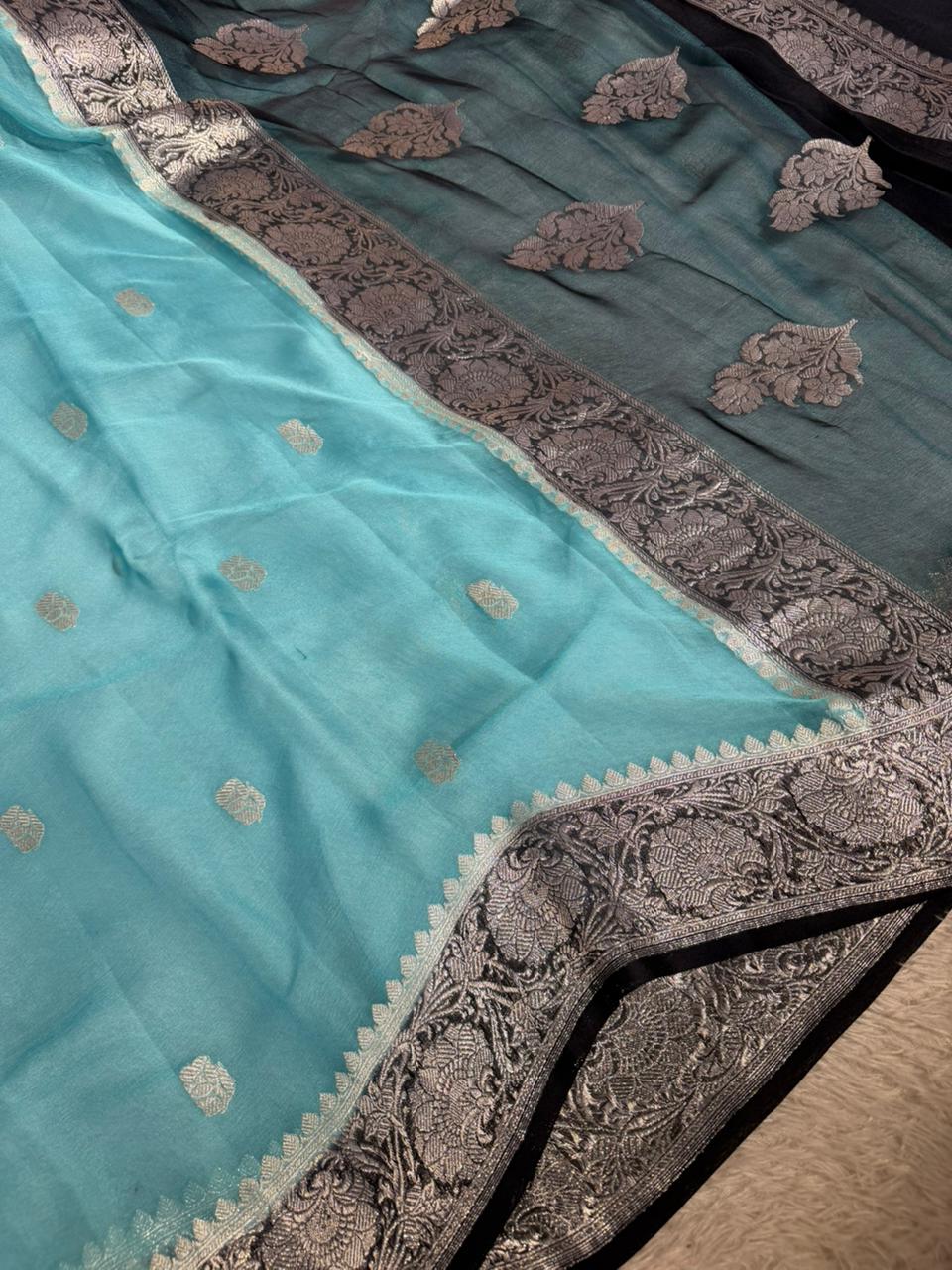 Firozi Blue Pure Khaddi Chiffon Silk Handwoven Banarasi Saree