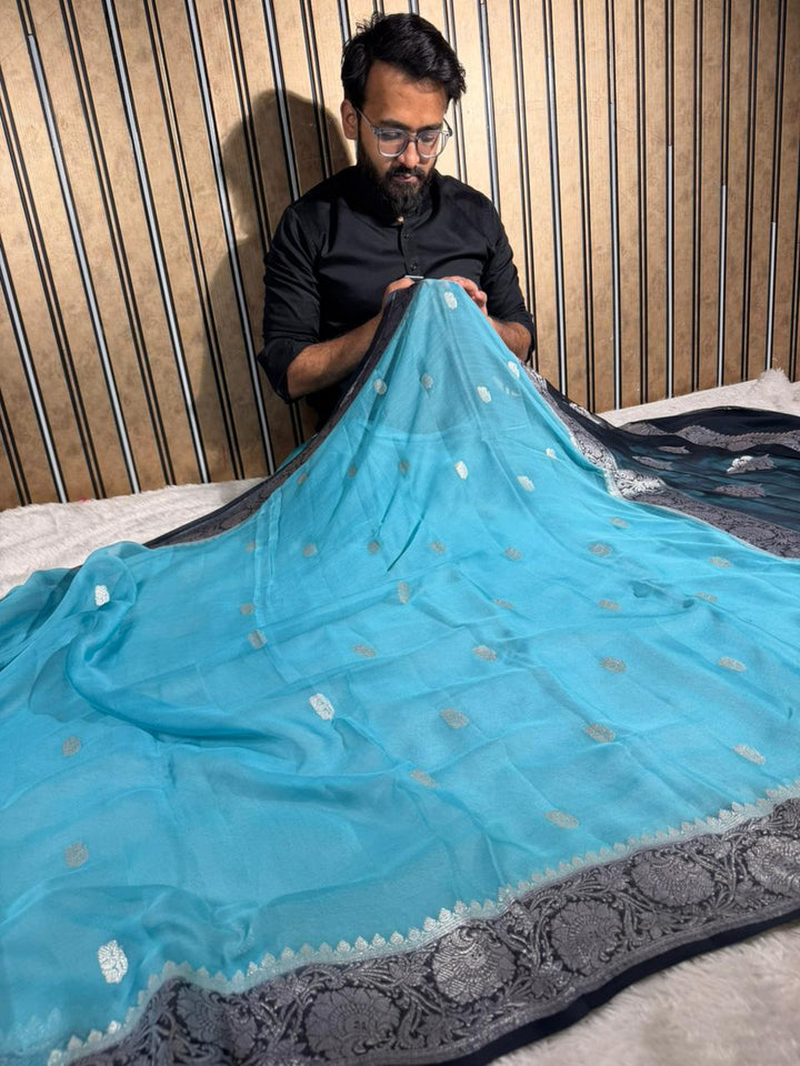 Firozi Blue Pure Khaddi Chiffon Silk Handwoven Banarasi Saree