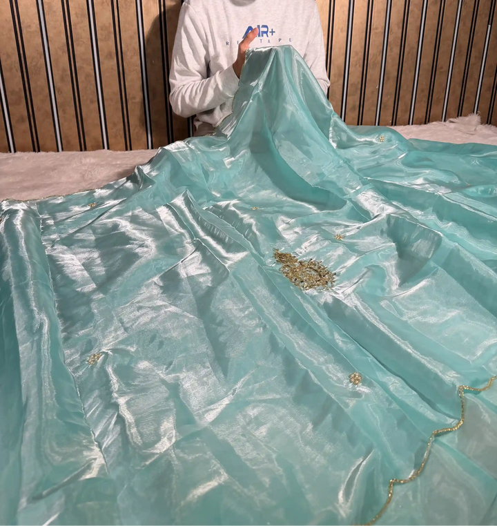Firozi Blue Shimmery Tissue Silk Handwork Saree