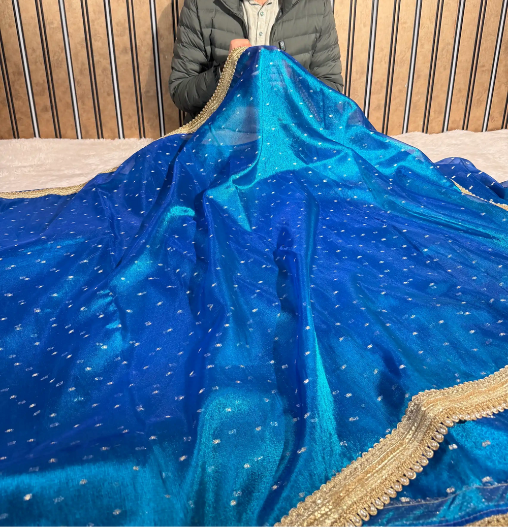 Firozi Blue Tissue Silk Designer Lace Work Banarasi Saree