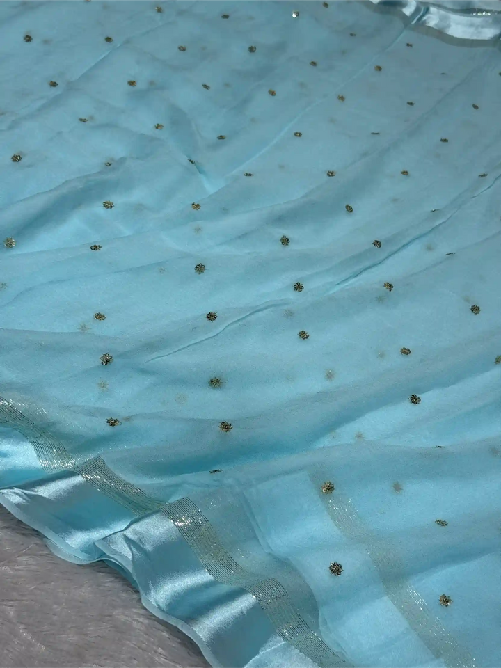 Firozi Blue Viscose Georgette Silk Embroidered Work Banarasi Saree