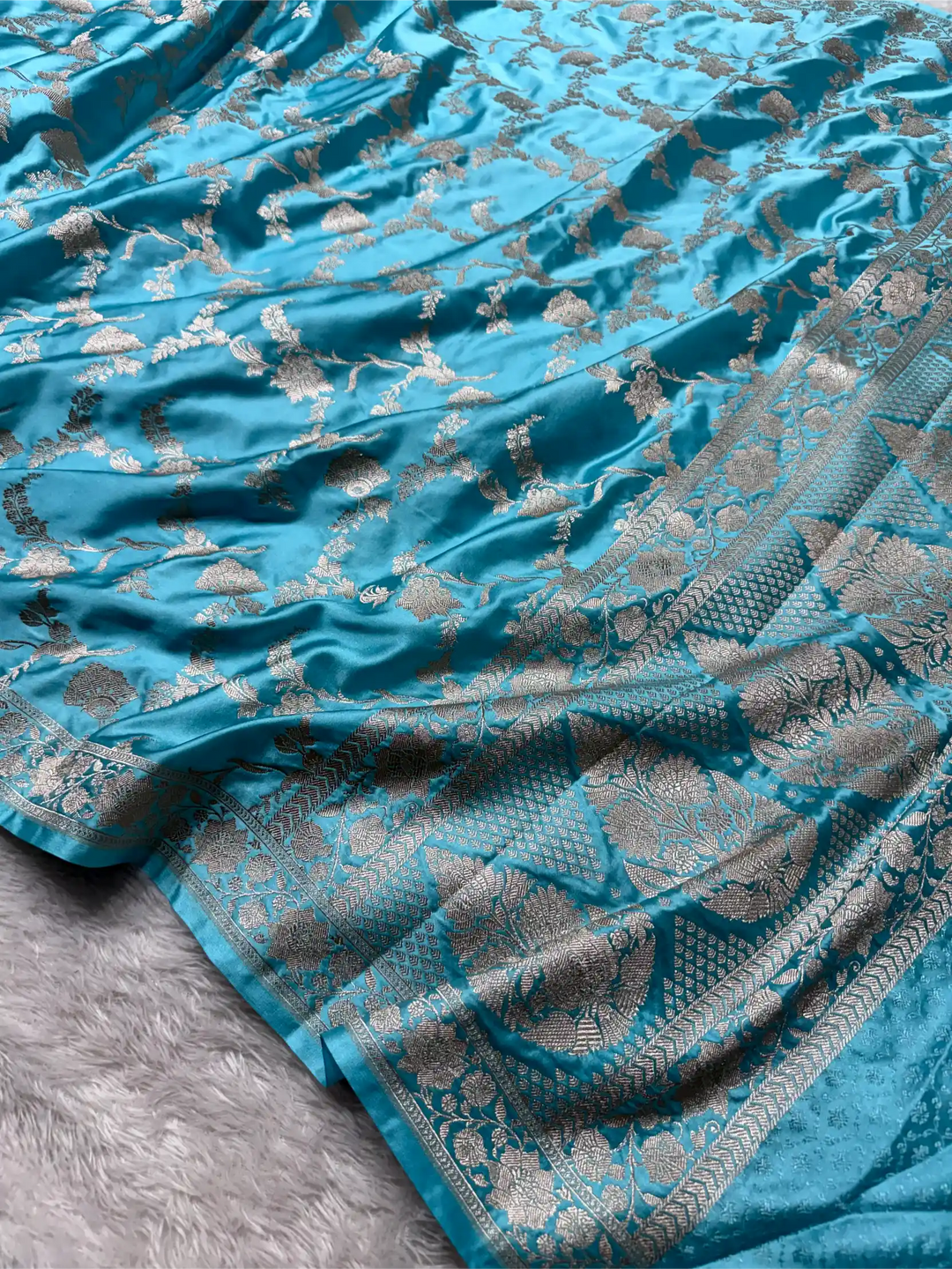 Firozi Mashru Katan Silk Heritage Jaal Weave Banarasi Saree