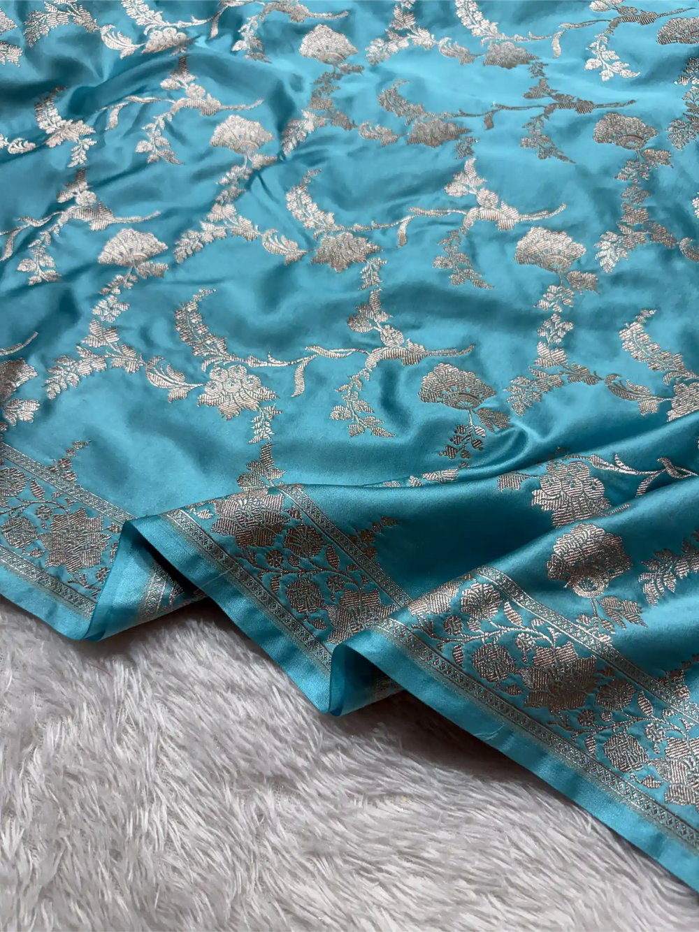 Firozi Mashru Katan Silk Heritage Jaal Weave Banarasi Saree