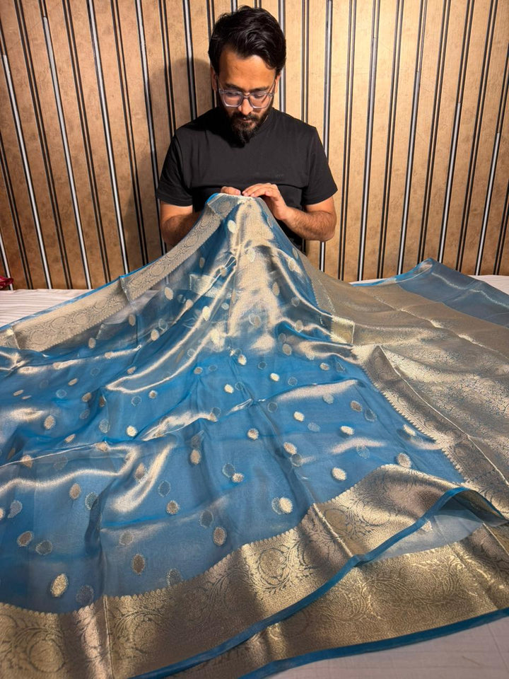 Firozi Banarasi Pure Tissue Silk Khaddi Buti Banarasi Saree