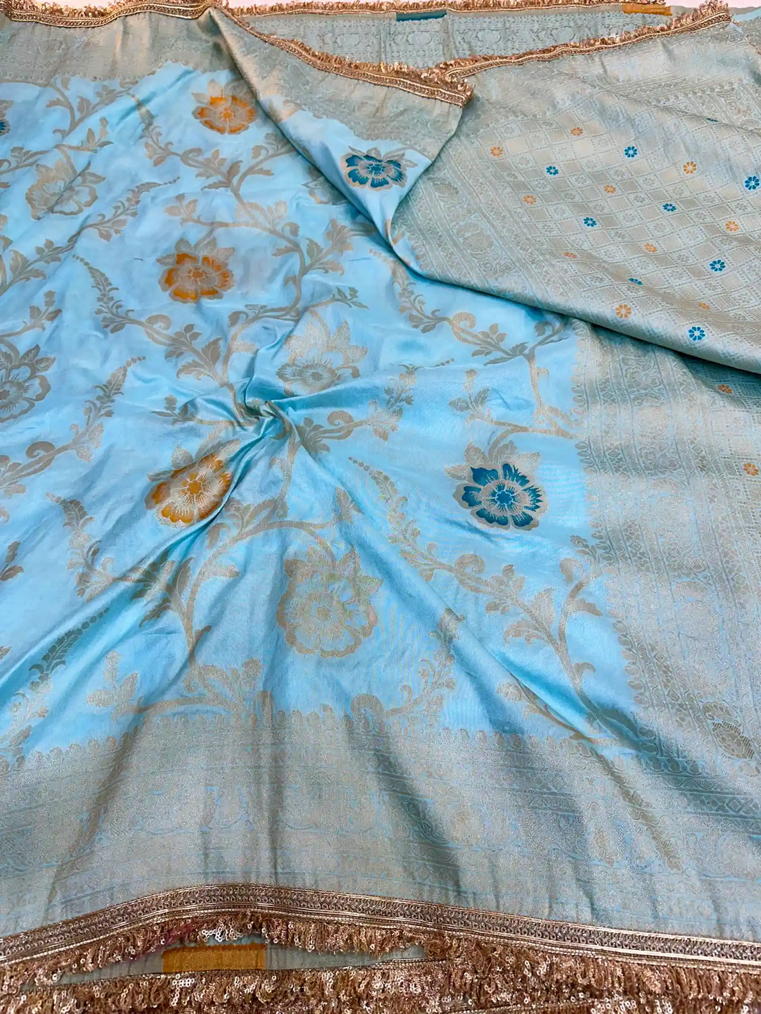 Premium Sky Blue Chiniya Silk Saree with Popular Lace Work