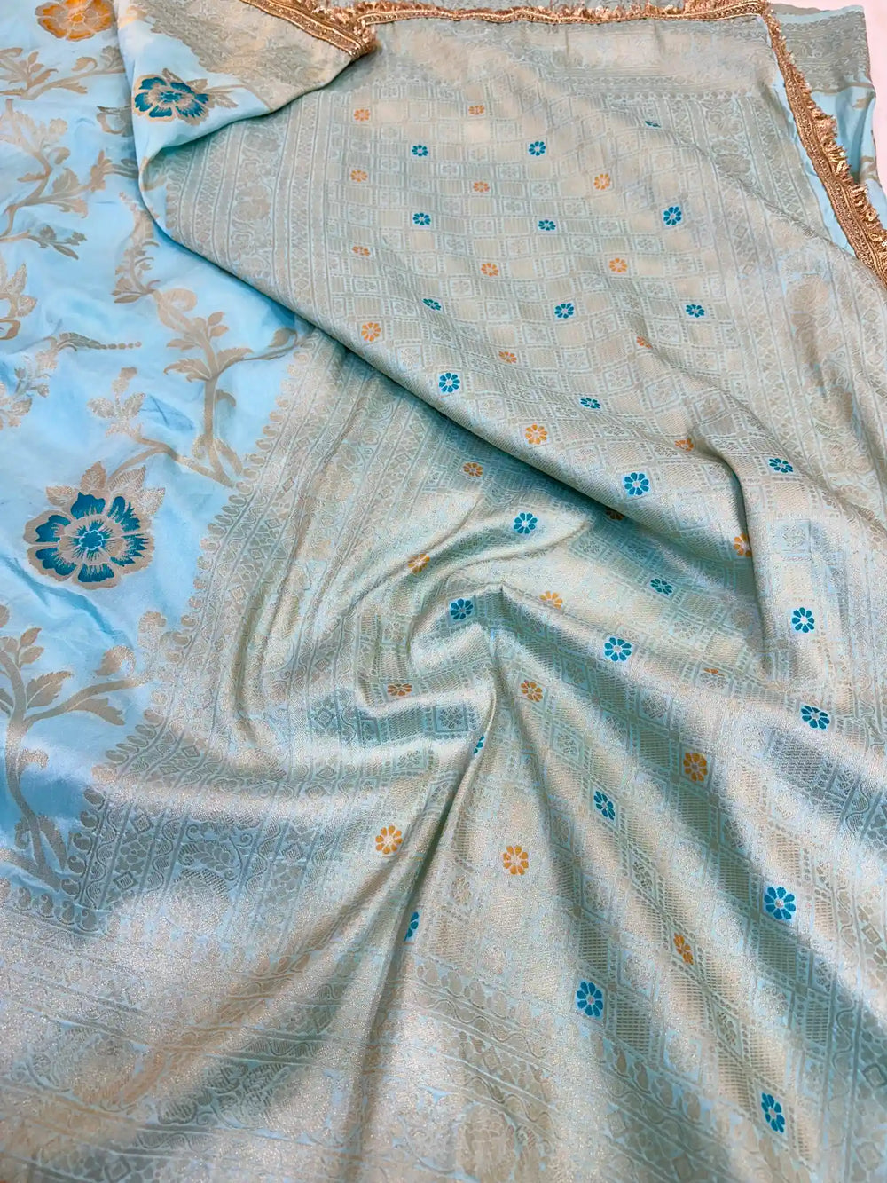 Premium Sky Blue Chiniya Silk Saree with Popular Lace Work