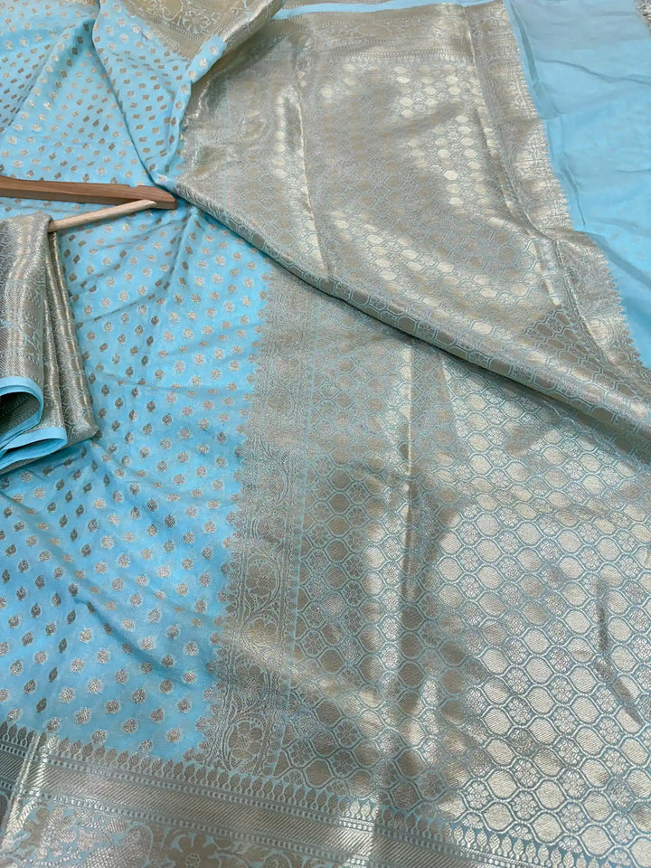 Firozi Blue Chiniya Silk Zari Buti Weave Banarasi Saree