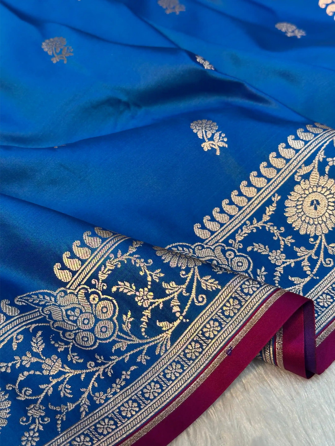 Firozi Blue Premium Mashru Katan Silk Banarasi Saree