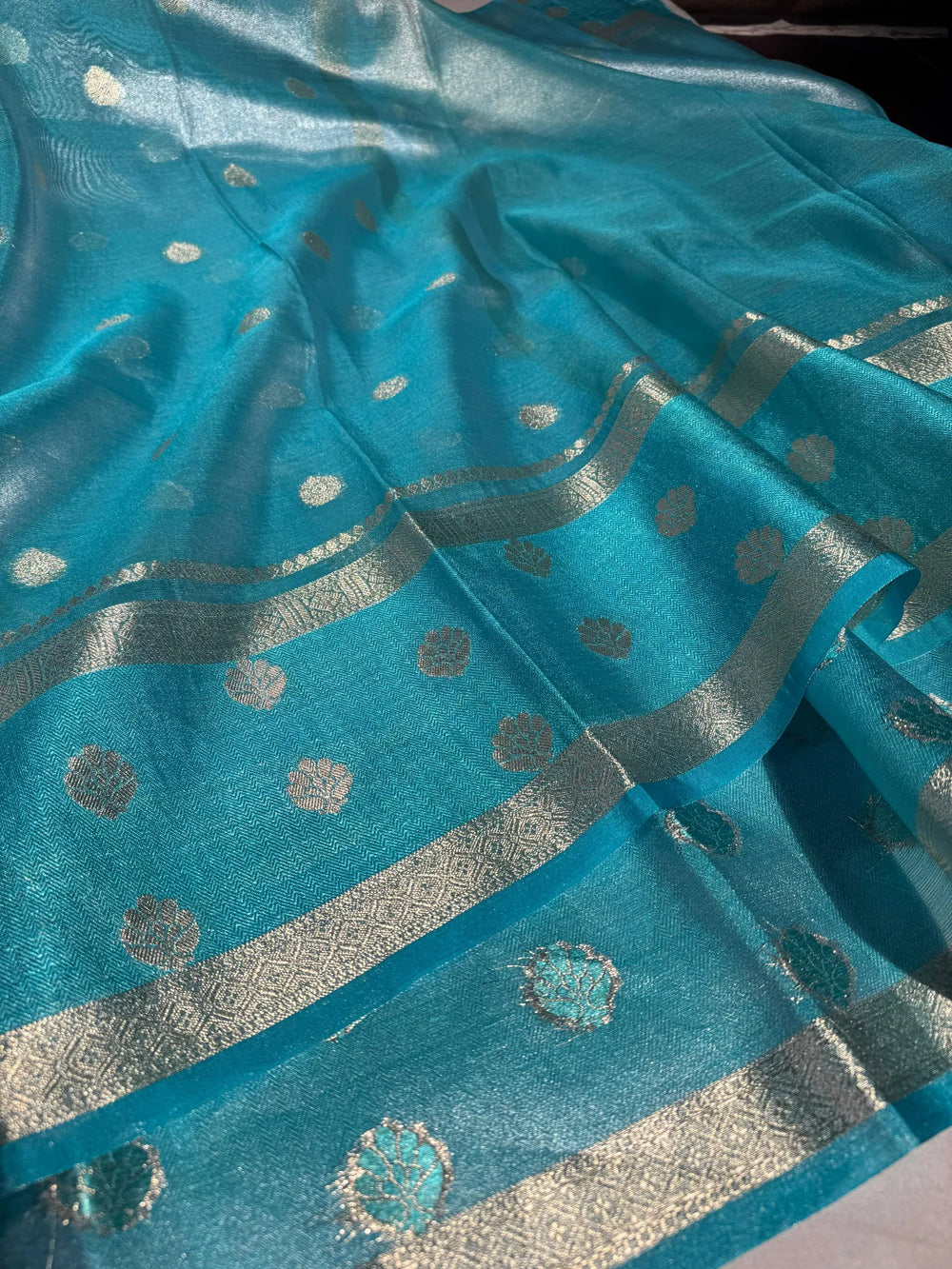 Firozi blue soft tissue silk Banarasi saree