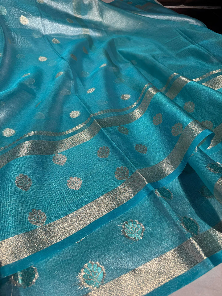 Firozi blue soft tissue silk Banarasi saree