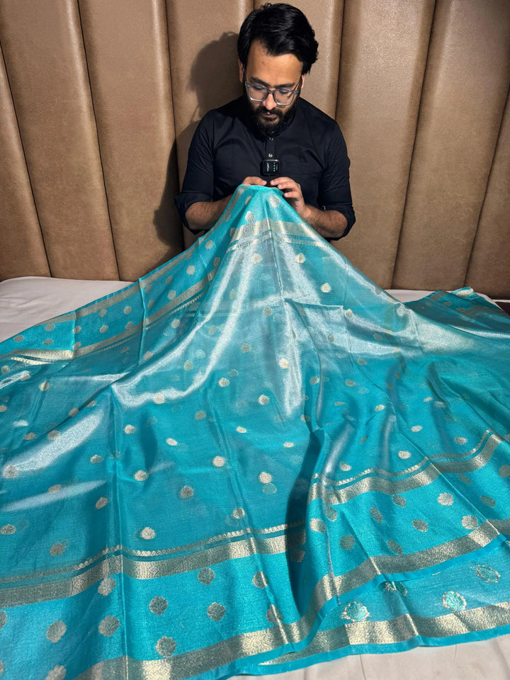 Firozi blue soft tissue silk Banarasi saree