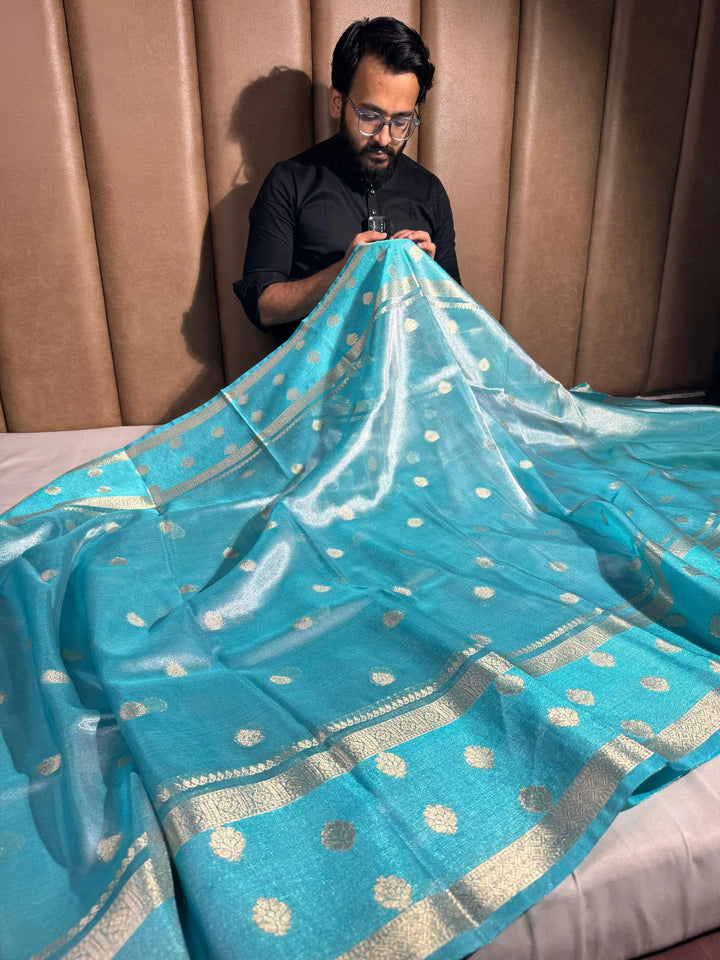 Firozi blue soft tissue silk Banarasi saree