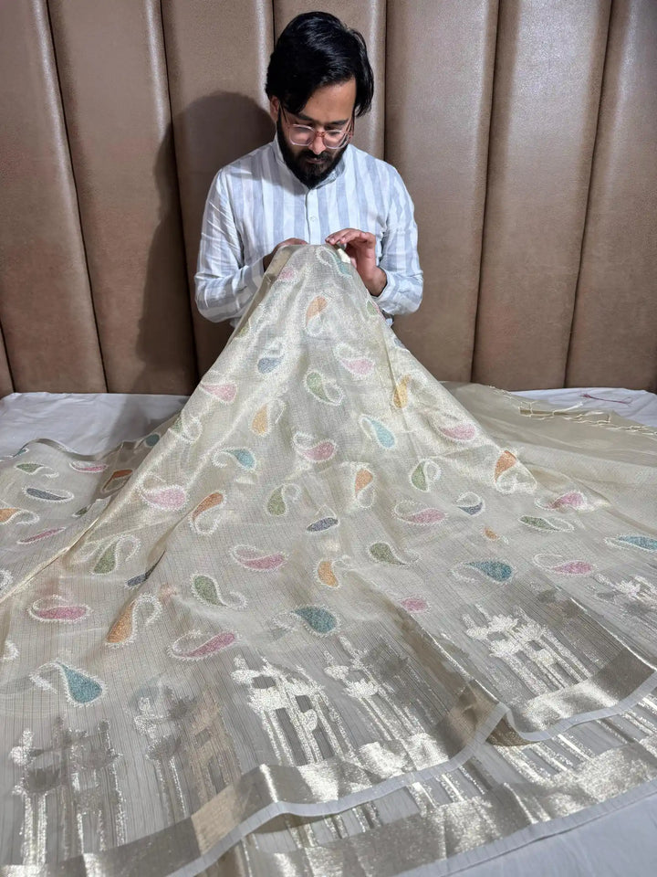 First Time Tissue Kota Multi Chikankari Design with Rich Zari Pallu and Blouse