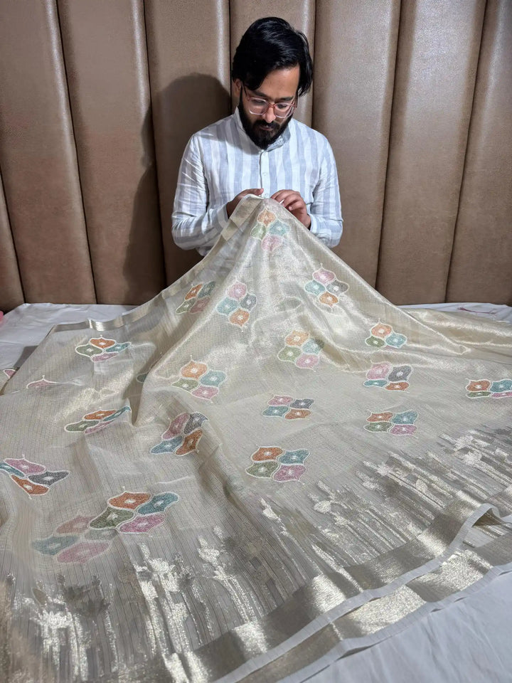 First Time Tissue Kota Multi Chikankari Design with Rich Zari Pallu and Blouse 