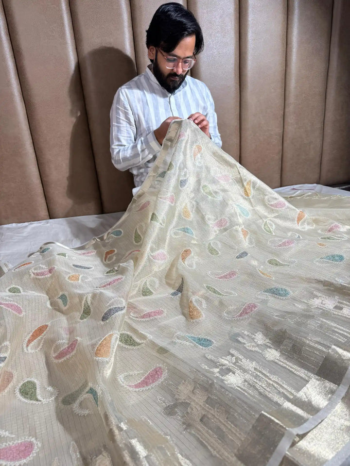 First Time Tissue Kota Multi Chikankari Design with Rich Zari Pallu and Blouse