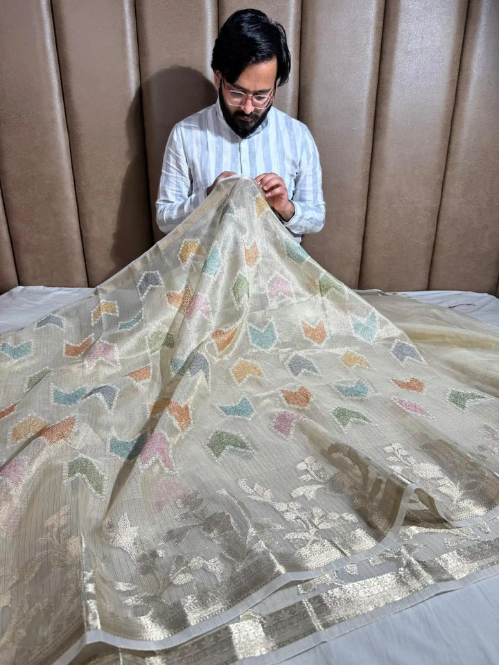 First Time Tissue Kota Multi Chikankari Design with Rich Zari Pallu and Blouse