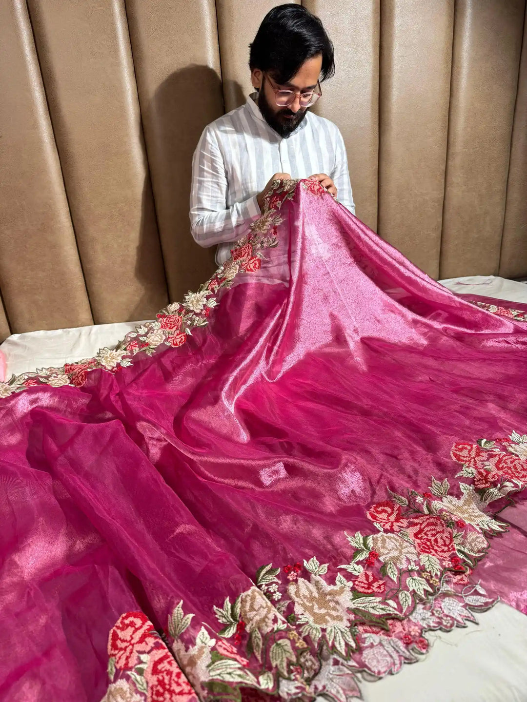 Full Pink Tone Tissue Silk Saree with Crochet work and pallu work