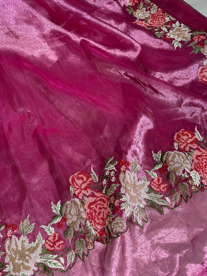 Full Pink Tone Tissue Silk Saree with Crochet work and pallu work