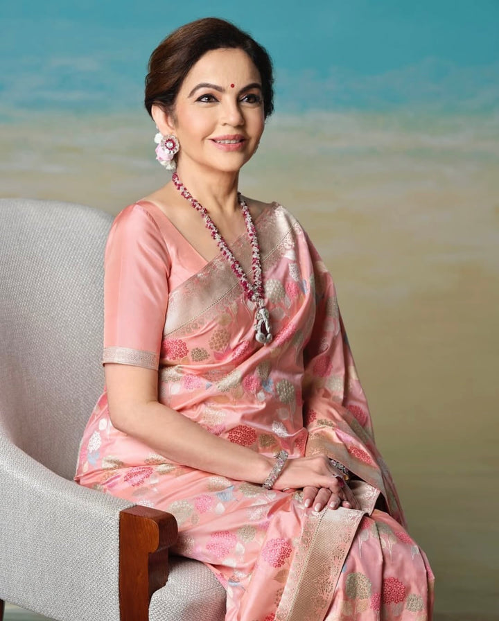 Nita Ambani mam inspired premium peach katan silk saree with rich pallu and blouse