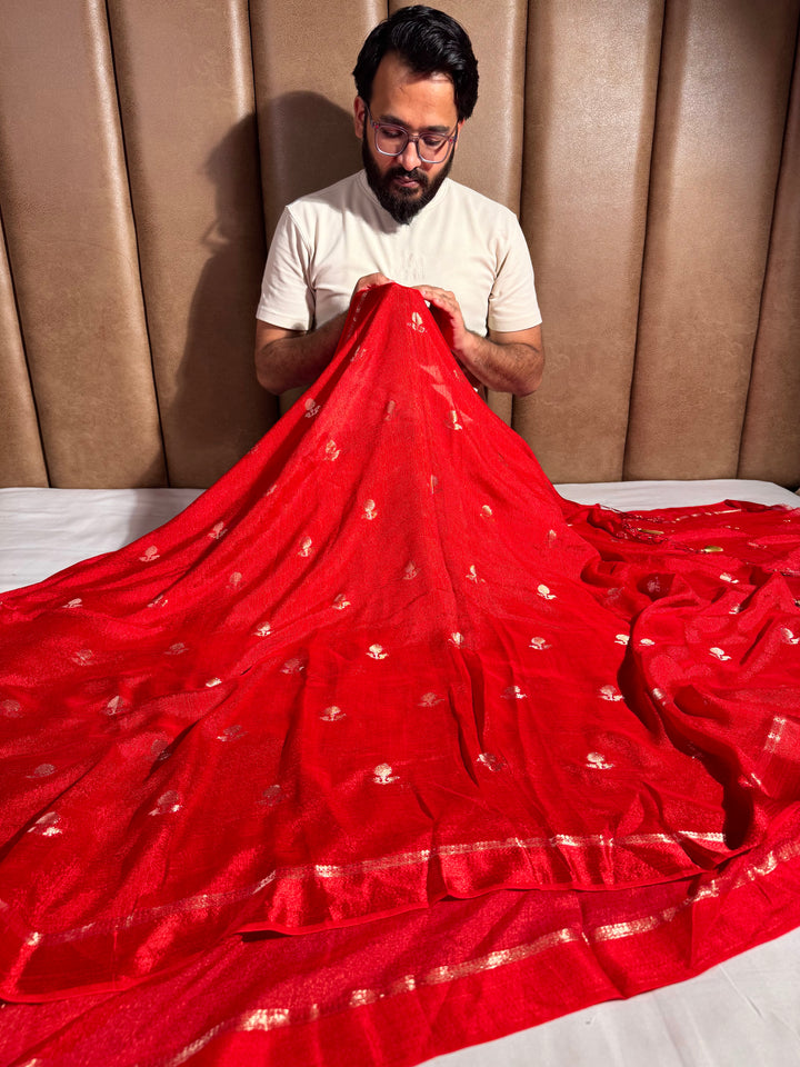Bright Red Premium Viscose Georgette Banarasi Saree