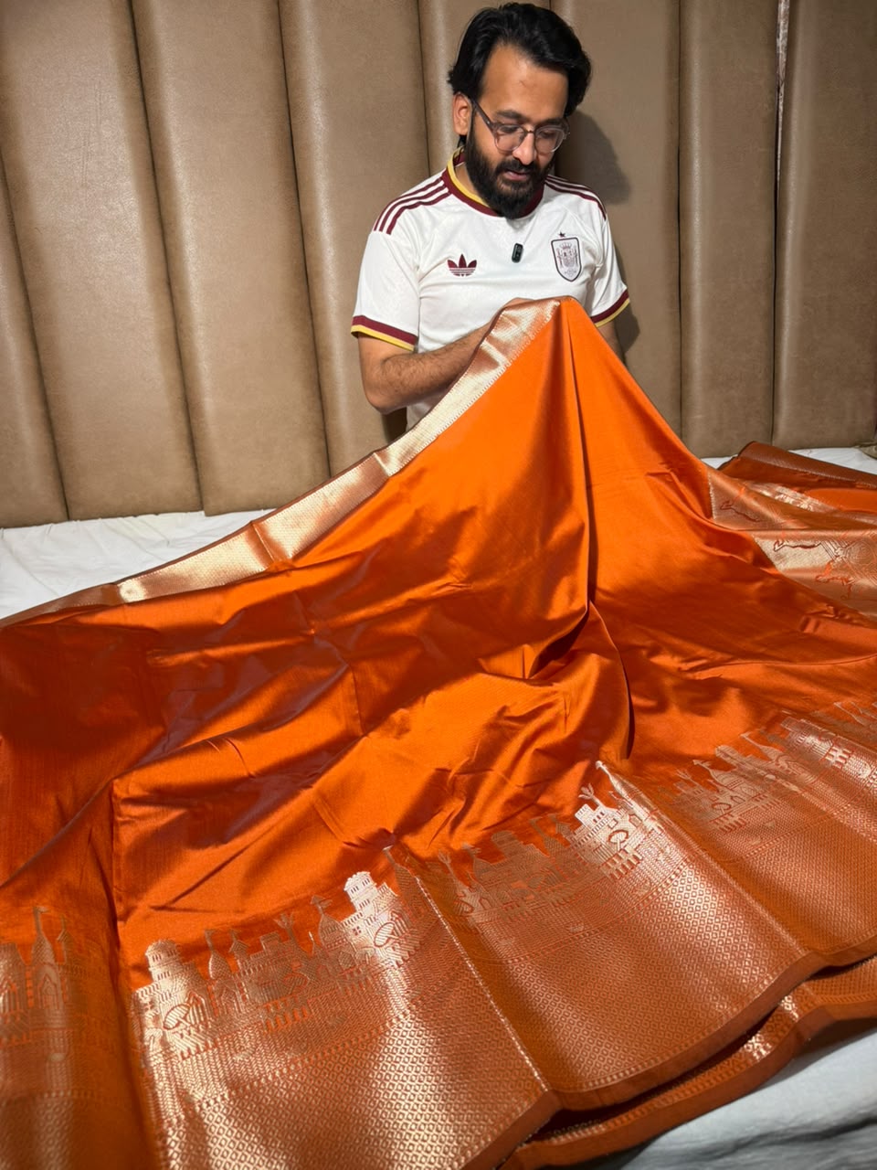Rusted Orange Ghats Border Softsilk Banarasi Saree
