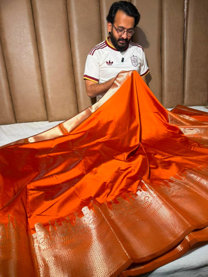 Rusted Orange Ghats Border Softsilk Banarasi Saree