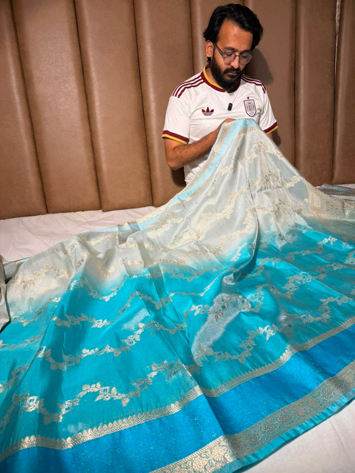 Ombré Blue Breathable Tissue Silk Banarasi Saree