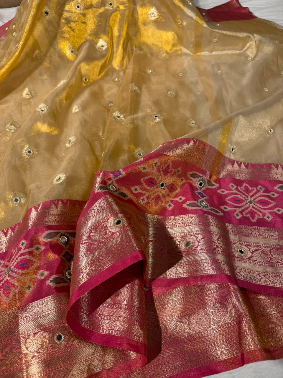 Ikkat Border Copper Tissue Silk Mirror Work Saree
