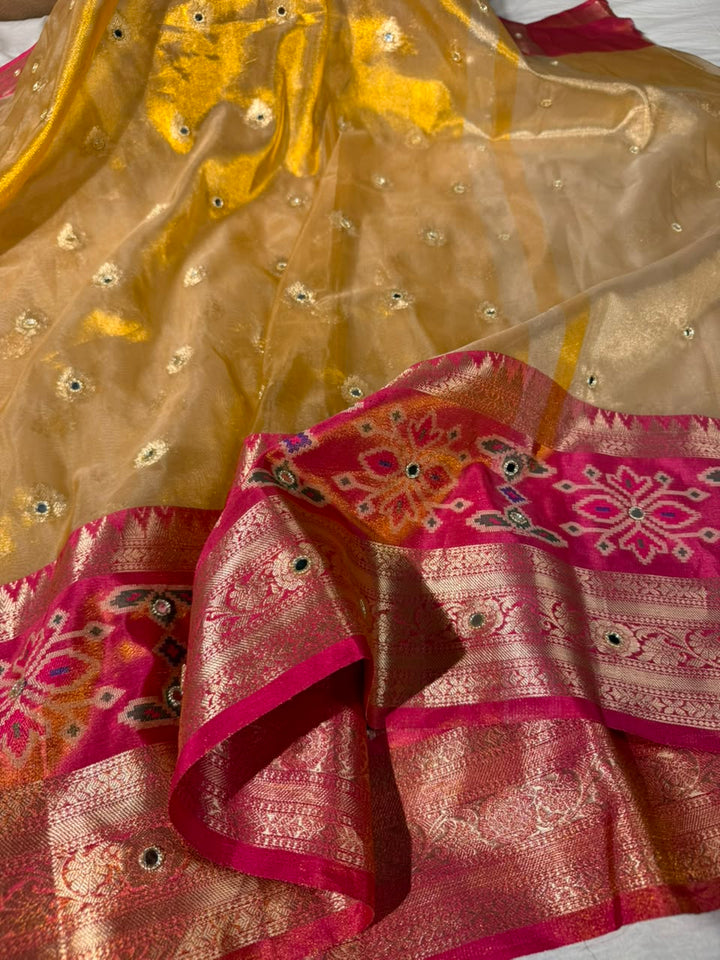Ikkat Border Copper Tissue Silk Mirror Work Saree