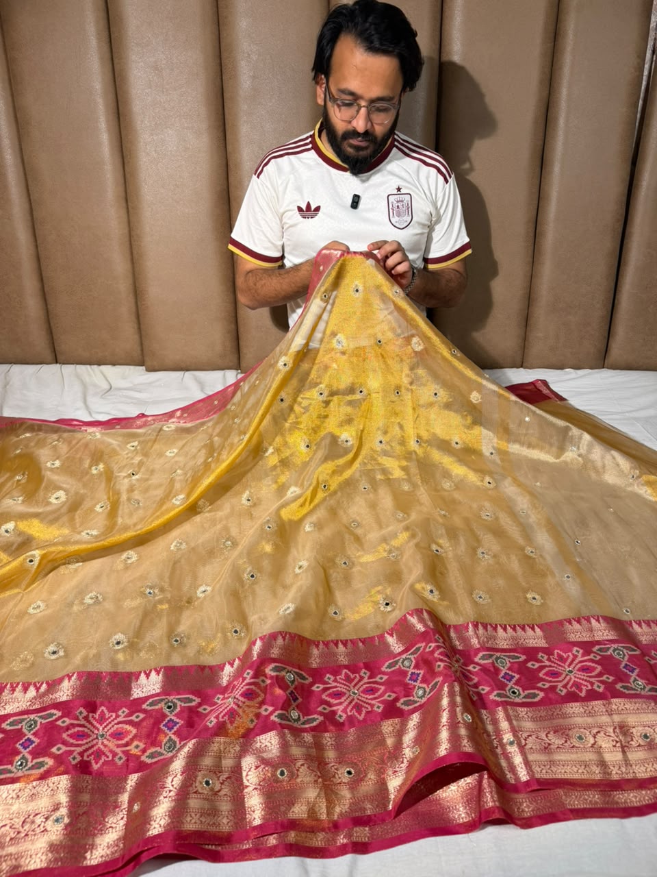 Ikkat Border Copper Tissue Silk Mirror Work Saree