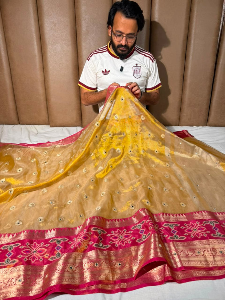 Ikkat Border Copper Tissue Silk Mirror Work Saree